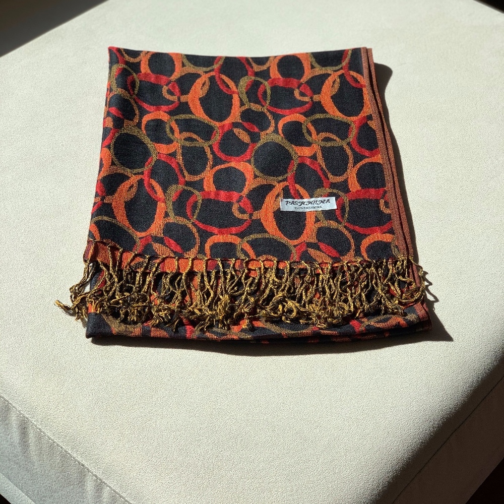 100% Pashmina Wrap Charcoal, Red, Gold and Orange